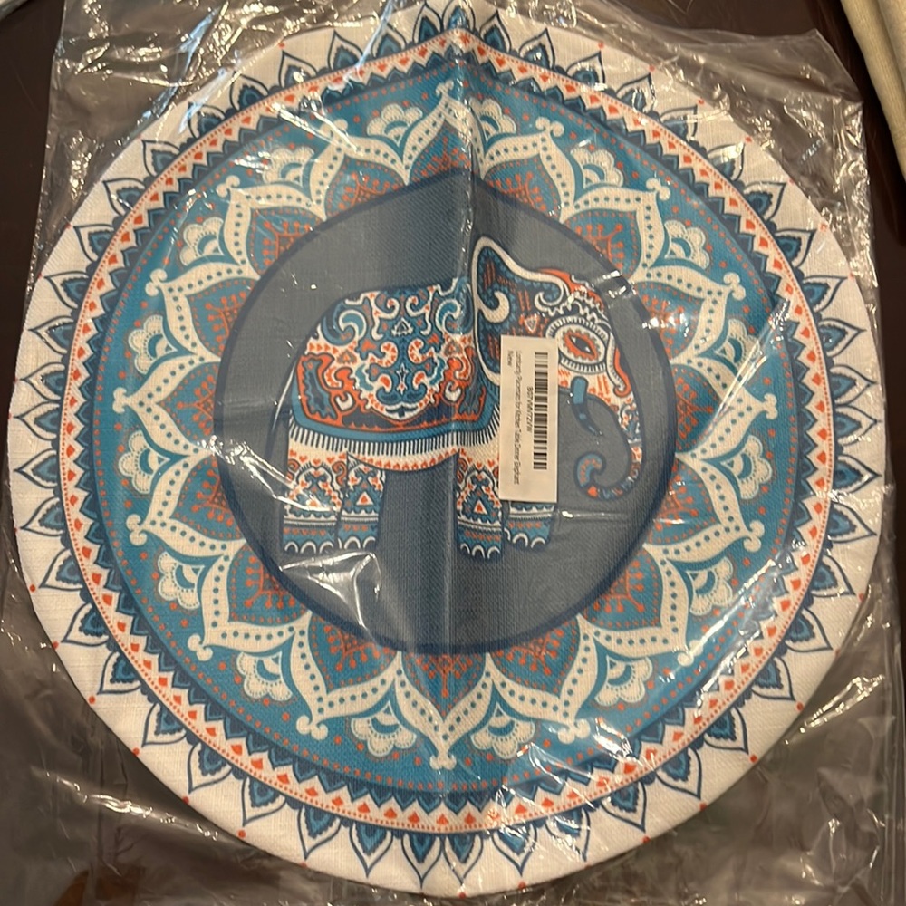 Cloth Placemats for Kitchen Table - 14in circle Elephant motif. Set of 2.